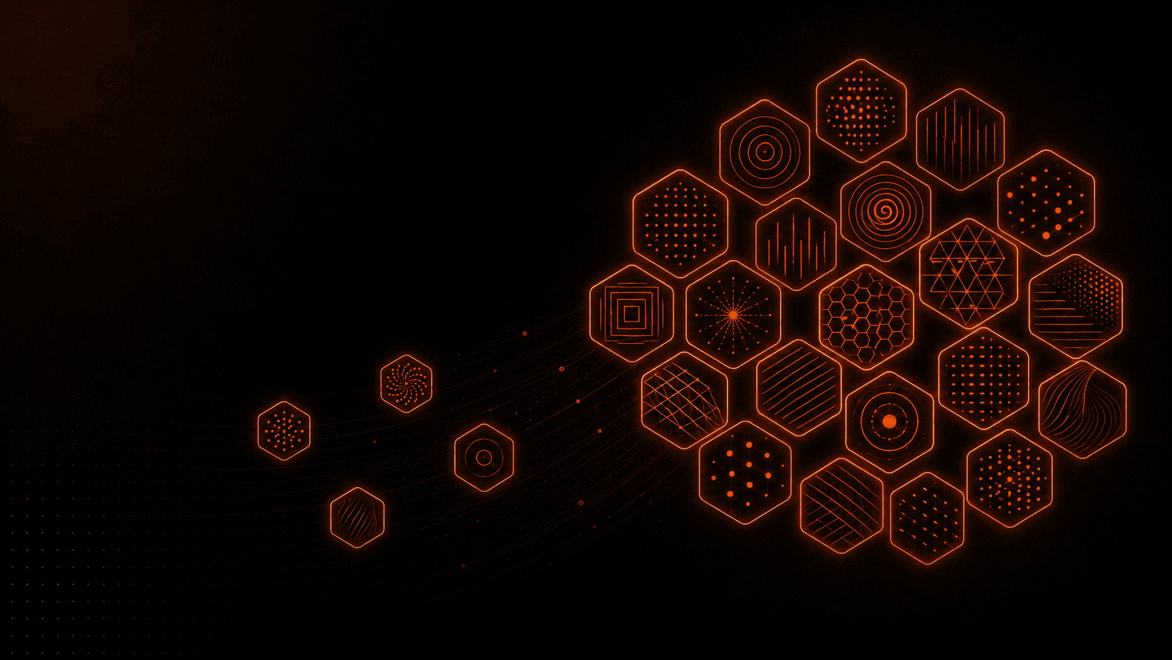 Mosaico de hexágonos coral com padrões geométricos internos únicos — visualização da diversidade de saberes acolhidos