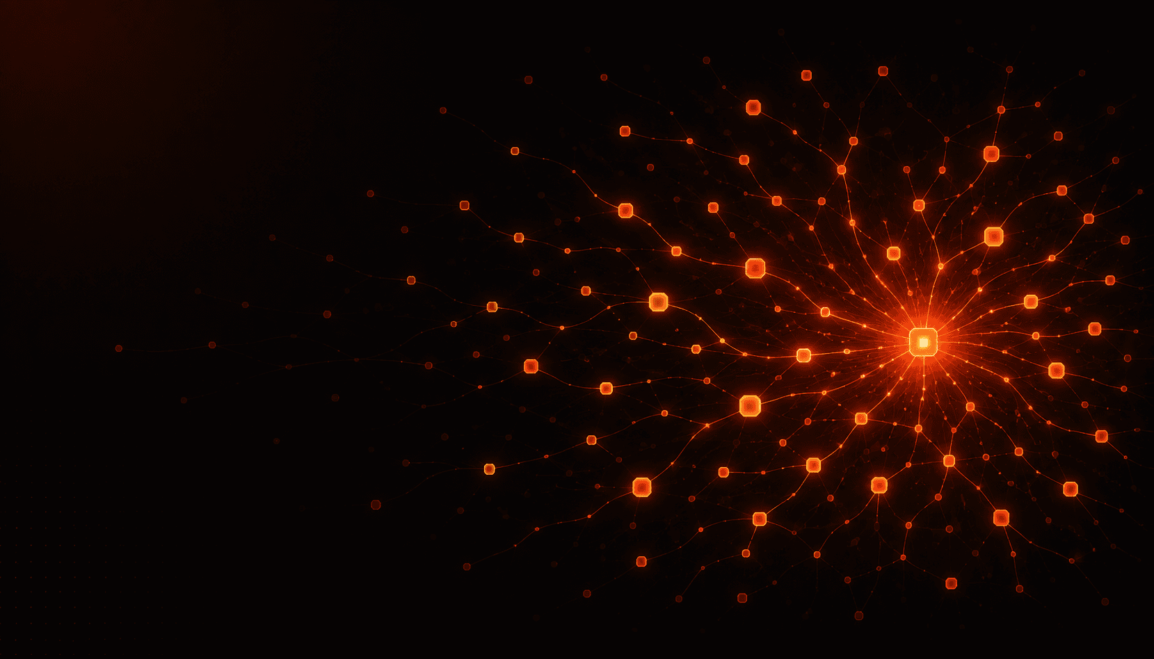 Mapa sináptico — rede neural radial expandindo a partir de um ponto coral central, visualizando a multiplicação do conhecimento